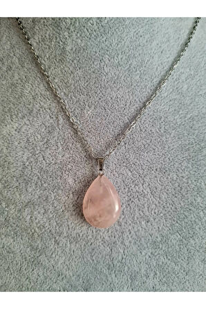 Sertifikalı Pembe Kuvars Doğal Taş Damla Kesim Kolye Aaa Kalite Sürpriz Hediyeli