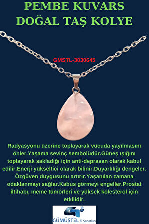 Sertifikalı Pembe Kuvars Doğal Taş Damla Kesim Kolye Aaa Kalite Sürpriz Hediyeli