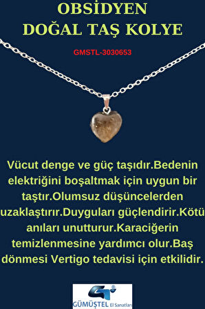 Sertifikalı Doğal Taş Obsidyen Kalp Model Minimal Kolye
