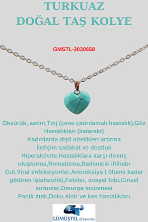 Sertifikalı Doğal Taş Turkuaz Kalp Model Minimal Kolye