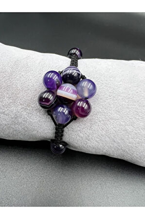 Sertifikalı Mor Akik Doğal Taş Bileklik Asansörlü Kilit Sistemi El Yapımı Bileklik