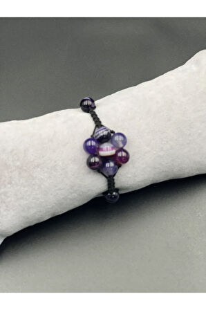 Sertifikalı Mor Akik Doğal Taş Bileklik Asansörlü Kilit Sistemi El Yapımı Bileklik