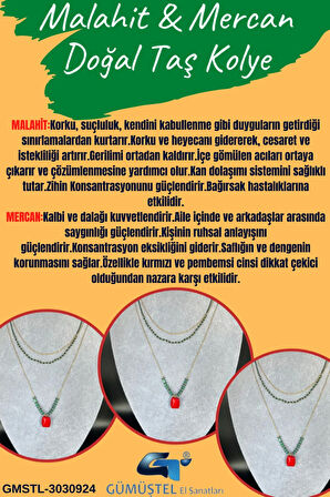 Sertifikalı Doğal Taş Malahit & Mercan Taşı Kolye Tasarım Kararmaz Malzeme Sürpriz Hediyeli