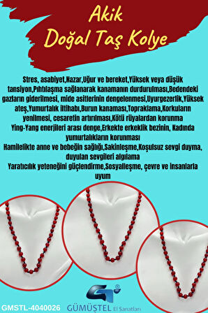 Sertifikalı Doğal Taş Akik Taşı Kolye Aaa Kalite 6mm