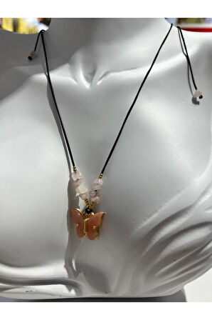 Sertifikalı Pembe Kuvars Doğal Taş Kelebek Obje Kolye