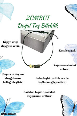 Sertifikalı Zümrüt Doğal Taş Bileklik Kelebek Obje Detaylı Makrome Örgülü Kilit El Işçiliği