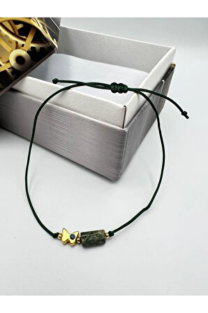 Sertifikalı Zümrüt Doğal Taş Bileklik Kelebek Obje Detaylı Makrome Örgülü Kilit El Işçiliği