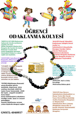 Sertifikalı Öğrenci Odaklanma Kolyesi Oniks,Hematit,Unakit,Kuvars,Akik,Kalsit,Aventurin,Havlit