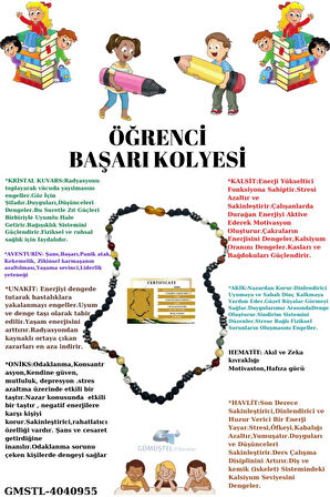 Sertifikalı Öğrenci Başarı Kolyesi Oniks,Hematit,Unakit, Kristal Kuvars,Akik,Kalsit,Aventurin,Havlit