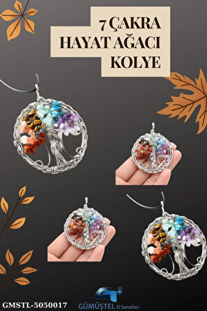Sertifikalı Doğal Taş 7 Çakra Hayat Ağacı Tasarım Kolye Sürpriz Hediyeli 5x5 Cm