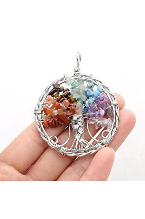 Sertifikalı Doğal Taş 7 Çakra Hayat Ağacı Tasarım Kolye Sürpriz Hediyeli 5x5 Cm