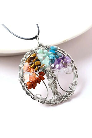 Sertifikalı Doğal Taş 7 Çakra Hayat Ağacı Tasarım Kolye Sürpriz Hediyeli 5x5 Cm