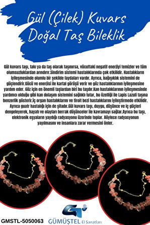 Sertifikalı Gül (Çilek) Kuvars Doğal Taş Bileklik Özel Tasarım