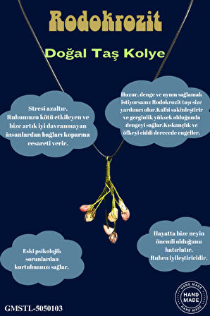 Sertifikalı Orijinal Doğal Taş Rodokrozit Taşı El Yapımı Bakır Tel Sarma Kolye