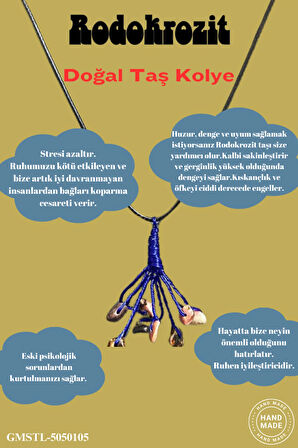 Sertifikalı Orijinal Doğal Taş Rodokrozit Taşı El Yapımı Bakır Tel Sarma Kolye