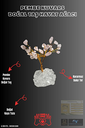 Sertifikalı Doğal Taş Pembe Kuvars Taşı Dekoratif El Yapımı Ağaç
