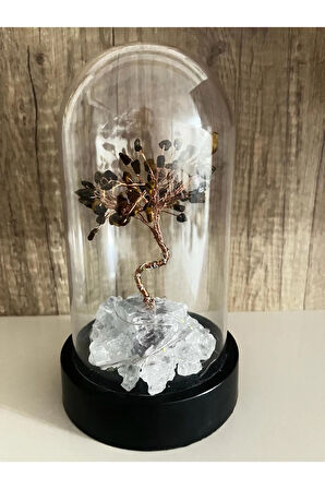 Sertifikalı Doğal Taş Kaplan Gözü Tasarımlı Bakır Tel Sarma Işıklı Fanus Aksesuar 21x12 cm Büyük Boy