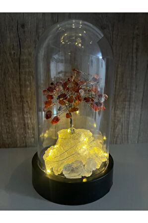 Sertifikalı Doğal Taş Akik Tasarımlı Bakır Tel Sarma Işıklı Fanus Aksesuar 21x12 cm Büyük Boy