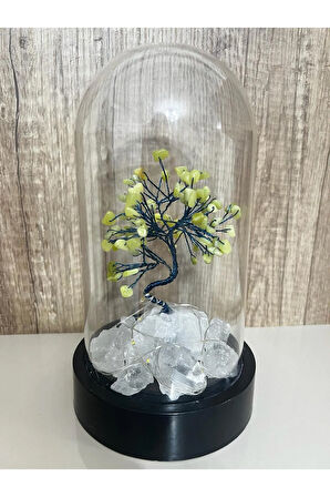 Sertifikalı Doğal Taş Peridot Tasarımlı Bakır Tel Sarma Işıklı Fanus Aksesuar 21x12 cm Büyük Boy