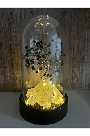 Sertifikalı Doğal Taş Zümrüt Tasarımlı Bakır Tel Sarma Işıklı Fanus Aksesuar 21x12 cm Büyük Boy