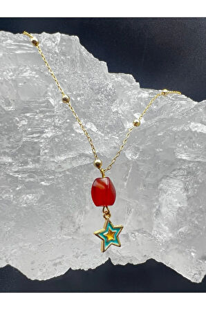 Sertifikalı Akik Doğal Taş Tasarım Kolye El Yapımı Turkuaz Yıldız Obje Detaylı