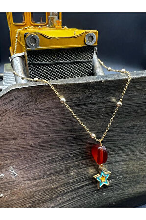 Sertifikalı Akik Doğal Taş Tasarım Kolye El Yapımı Turkuaz Yıldız Obje Detaylı