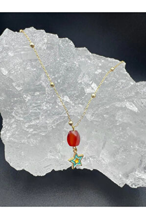 Sertifikalı Akik Doğal Taş Tasarım Kolye El Yapımı Turkuaz Yıldız Obje Detaylı