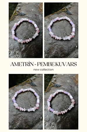 Sertifikalı Ametrin & Pembe Kuvars Tasarım Bileklik Orijinal Doğal Taş AAA Kalite