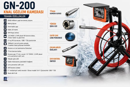 Dilek GN200 Endoskop Kamera 20 Metre Kablo 5" IPS Ekran DVR Kayıt