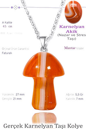 Sertifikalı Mantar Model Karnelyan Akik Taşı Kolye - Gümüş Aparatlı