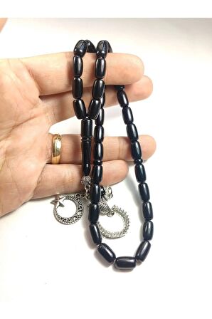 Zeyzun Atölyesine Ait Gümüş Kaplama Püskül Inci Siyahı Sıkma Kehribar Sertifikalı 4376