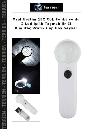 Özel Üretim 15X Çok Fonksiyonlu 2 Led Işıklı Taşınabilir El Büyüteç Pratik Cep Boy Seyyar