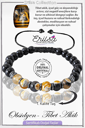 Sertifikalı Gerçek Obsidyen - Turuncu Siyah Tibet Akiği Taşı Bileklik