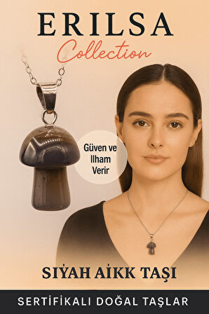 Sertifikalı Mantar Model Siyah Akik Taşı Kolye - Güç ve İlham Veren Doğal Taş