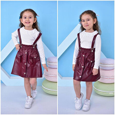 Askı Detaylı Cepli Deri Etek Ve Body 2 Li Kız Çocuk Alt Üst Takım