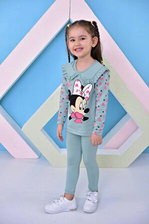 Minnie Baskılı Bebek Yaka Taytlı Kız Çocuk Alt Üst 2 Li Takım