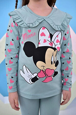 Minnie Baskılı Bebek Yaka Taytlı Kız Çocuk Alt Üst 2 Li Takım