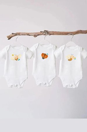 SunBabyHome  %100 Pamuklu Beyaz Bebek Body - 3'lü Arılar Ve Uğur Böceği - Bebek Zıbın Badi - Yazılı Zıbın