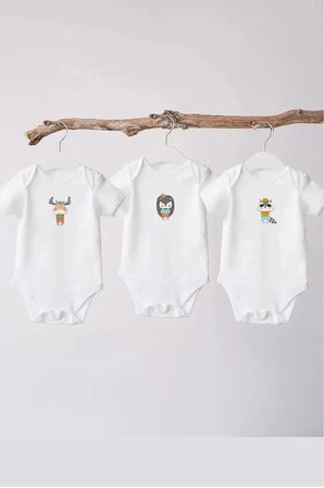  SunBabyHome %100 Pamuklu Beyaz Bebek Body - 3'lü Sevimli Hayvan - Bebek Zıbın Badi - Yazılı Zıbın