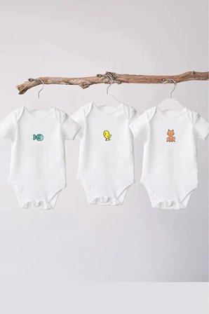 SunBabyhome  %100 Pamuklu Beyaz Bebek Body - 3'lü Sevimli Hayvanlar Set - Bebek Zıbın Badi