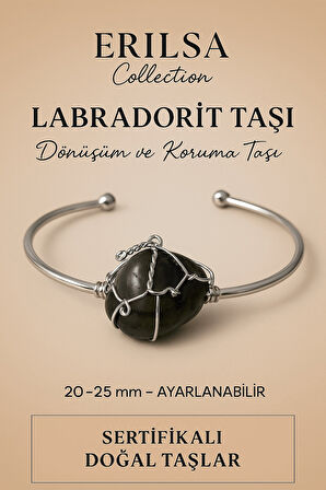 Sertifikalı Doğal Labradorit Taşı Gümüş Kaplama Ayarlanabilir Bileklik – Sezgi ve Dönüşüm
