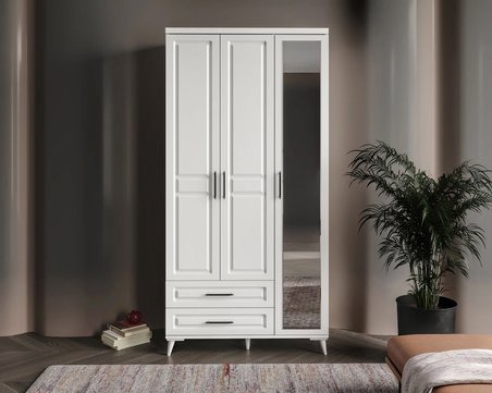 Komple MDF Gözde 3 Kapaklı Aynalı Beyaz Gardırop
