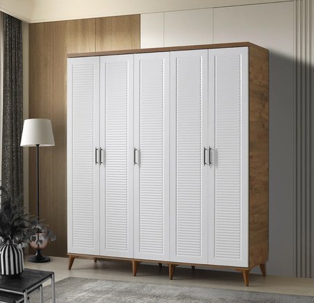 Paris 5 Kapaklı Komple MDF Atlantik Çam-Beyaz Beyaz Gardırop