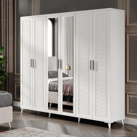 Paris 6 Kapaklı Aynalı Komple MDF Beyaz Gardırop