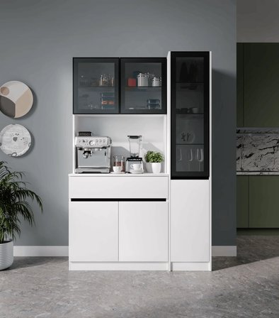 Lotus Midi Sağ Vitrinli Kahve Köşesi Komple MDF LED Mutfak Dolabı