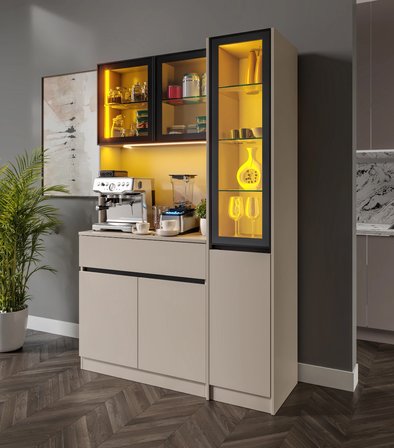 Viona Kum Beji Midi Sağ Vitrinli Komple MDF LED Aydınlatmalı Kahve Köşesi
