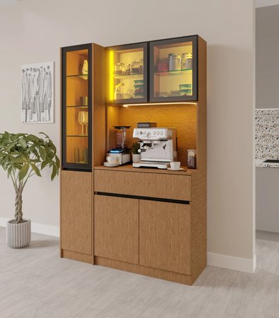 Bambu Midi Sol Vitrinli Komple MDF LED Aydınlatmalı Kahve Köşesi