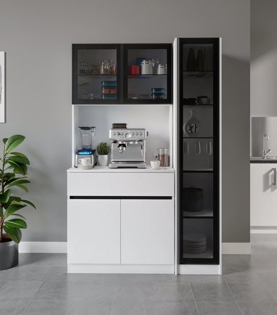 Moon Midi Sağ Vitrinli Kahve Köşesi Komple MDF LED Mutfak Dolabı