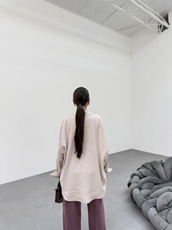 Krem Soft Yumuşak Dokulu Oversize Gömlek