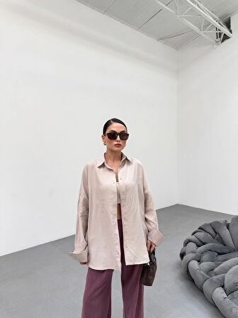 Krem Soft Yumuşak Dokulu Oversize Gömlek
